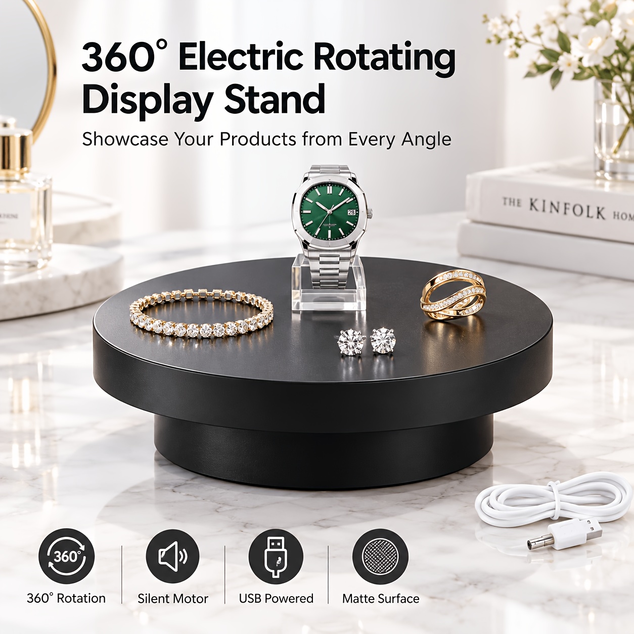 TEMU Présentoir rotatif électrique à 360° de (5,51 po), plateau tournant alimenté par USB, rotation et arrière, base mate antidérapante, compacte