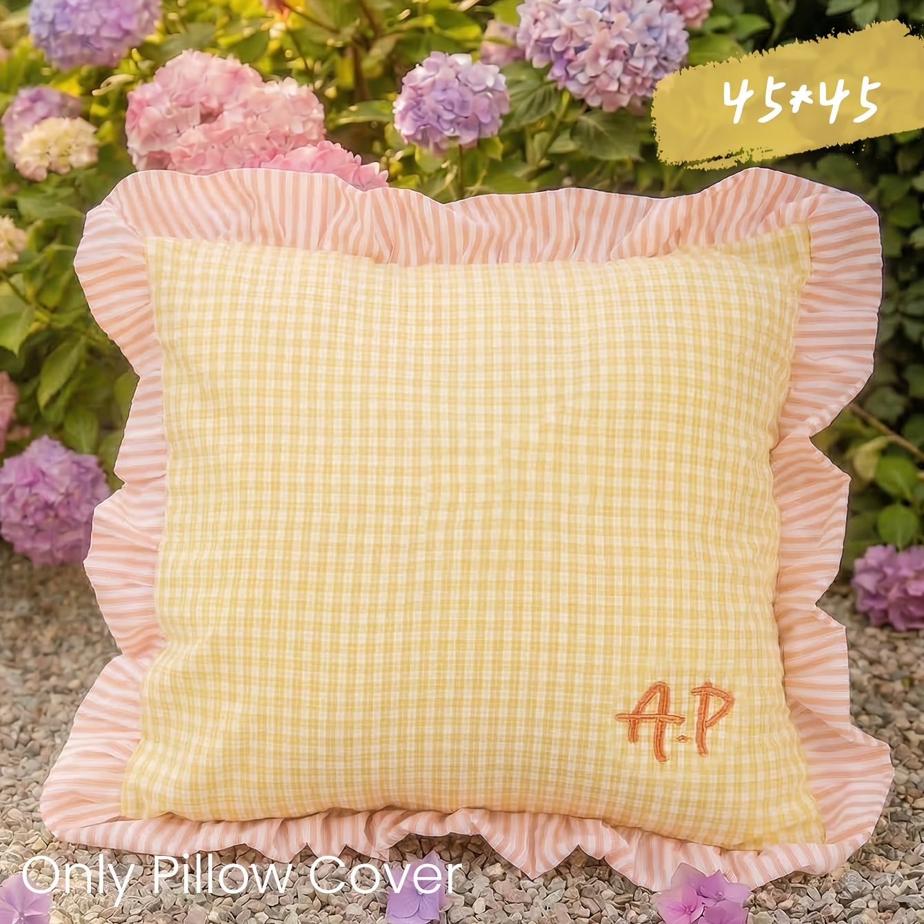 TEMU Custom-made Cute Aesthetic Cottagecore Striped Ruffle Pillow Cover Featuring A Personalized Embroidered Name, With Contrasting Frill Edges,