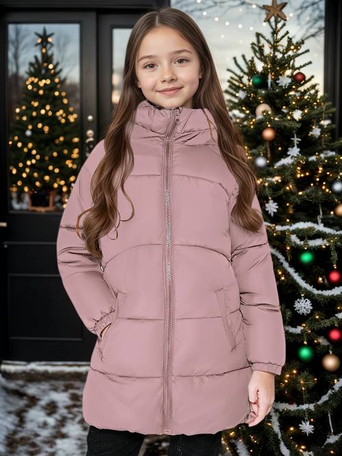 girls classic elegant solid color hooded stand collar zippered length padded coat snow coat extended thickened lined for extra windproof suitable for winter outdoor leisure activities holiday gift for girls
