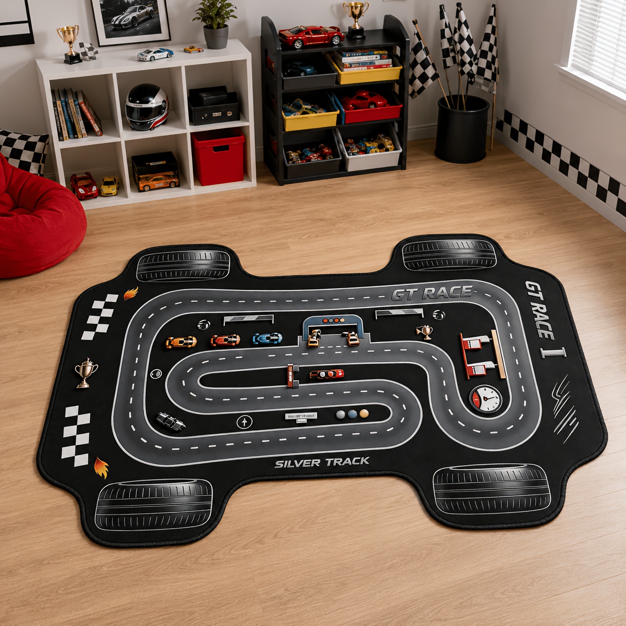 TEMU 1pc Cartoon Racing Track Game Carpet, Car-themed Bedroom Bedside Mat, Creative Living Room Rug, Esports Room Gaming Corner Mat, Natural Home