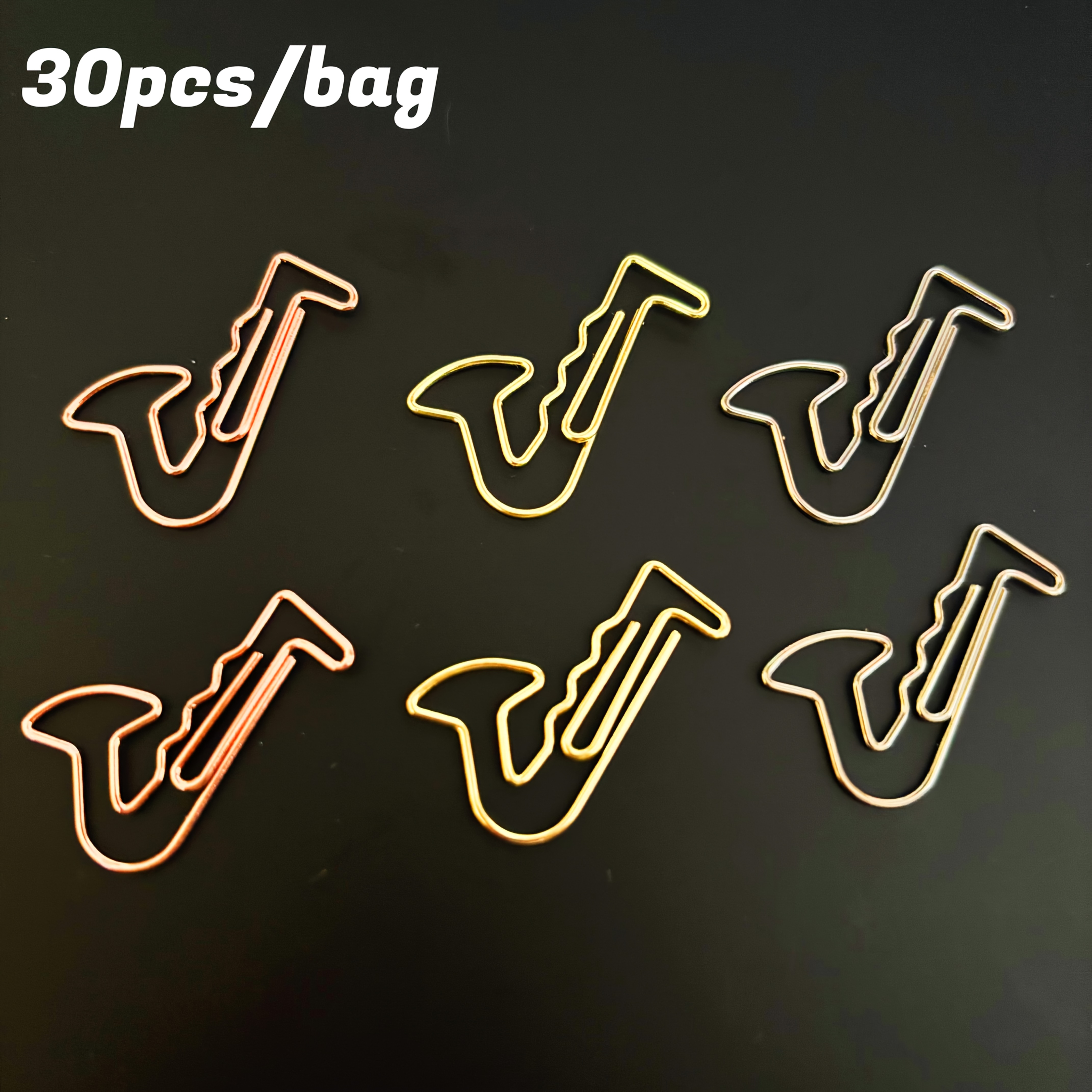 30pcs Saxophone Shaped Paper Clips, Assorted Colors - Durable Metal Office Supplies For Stationery, Weddings & Gifts