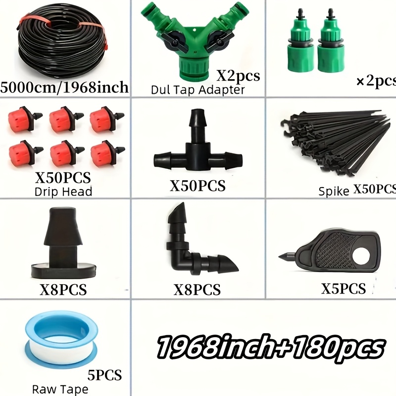Image of The 1968 Inch Water Pipe Includes 180 Accessories/adjustable Garden Drip Irrigation Kit - Including Adapter Nozzle Connectors, Cut , Battery Free, Suitable For Lawn Care And Plant Watering