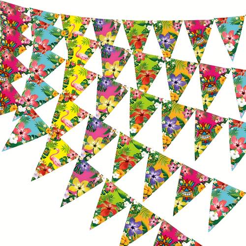 tropical party decoration banner multi color floral paper pennant garland with flamingo leaf designs versatile hanging decor for weddings showers bridal showers birthdays no power needed vibrant wall and ceiling decorations festive event decor vibrant party banner colorful triangular flags