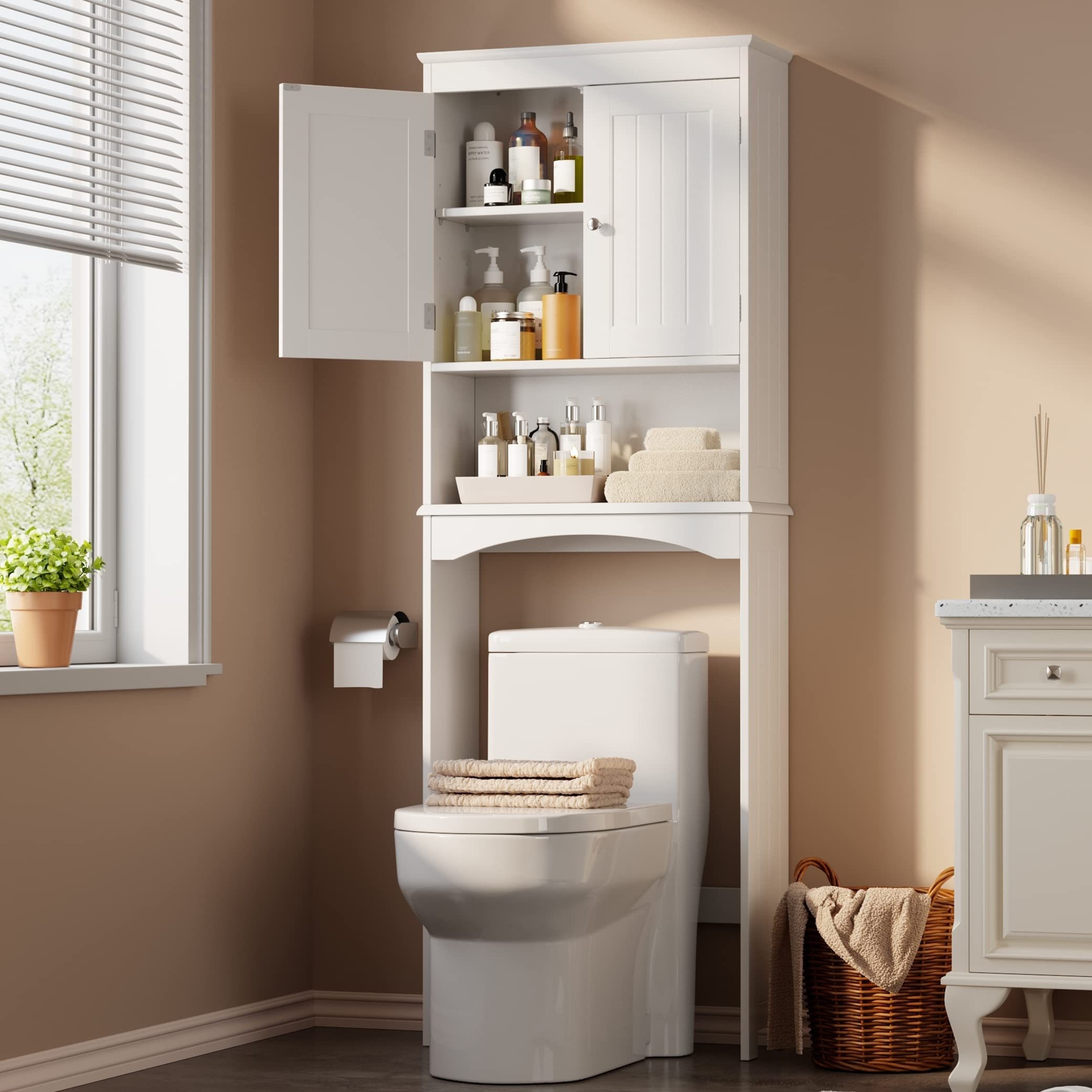 

Bathroom : Over The Toilet Storage Cabinet With Adjustable Shelf, Double Door Design And Open Shelf, Tall Free-standing Wooden Organizer, Enhances Space Above The Toilet -white.