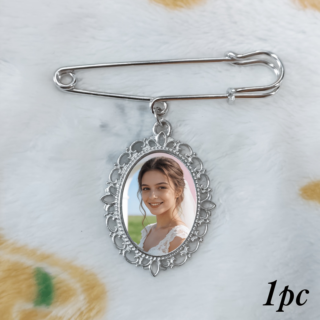 TEMU Custom 1pc/ 2pcs Metal Bouquet Photo Pendant Brooch, Silvery Lace Frame Oval Brooch Style, Bouquet And Boutonniere Photo Pendant Brooch, Wedding