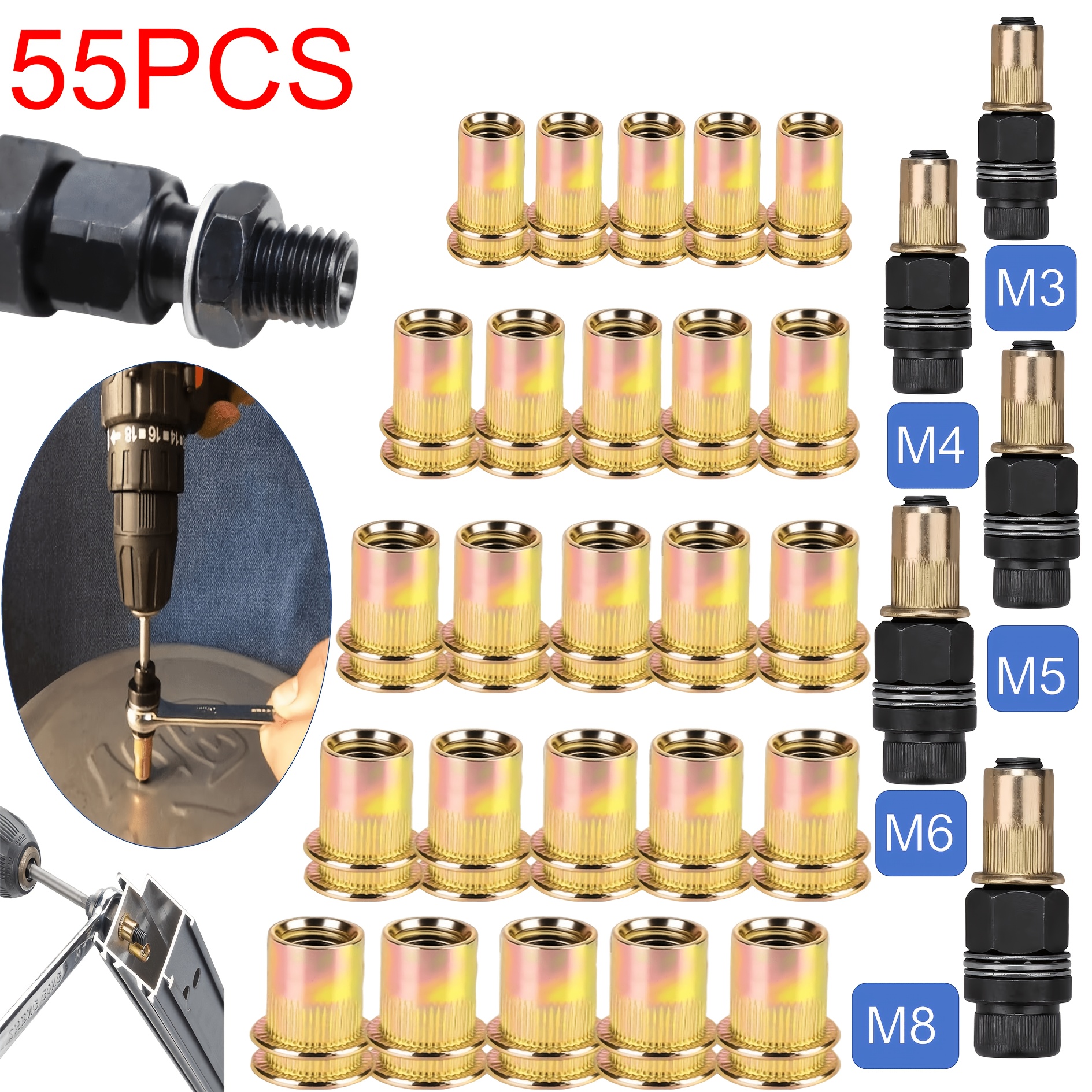 TEMU 55pcs 3-in-1 Rivet Tool Set, Manual Rivet Gun Kit With M3-m8 Nuts, Universal Metal Tool, Suitable For Automotive And Home Renovation