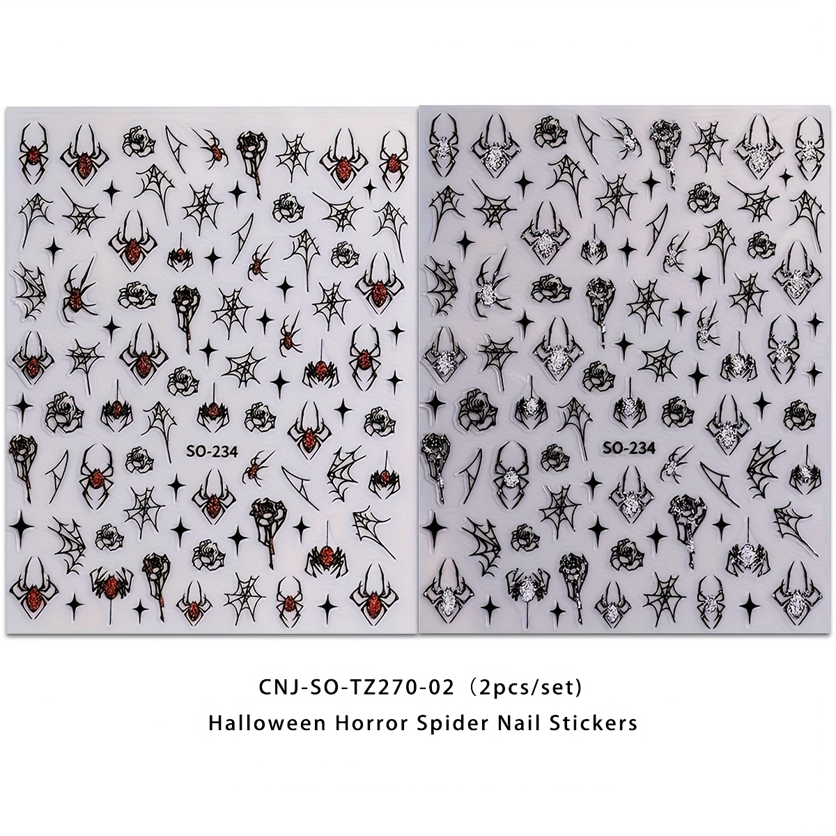 Image of 2pcs Of Gothic Nail Art Stickers For Halloween - Featuring Dark Gothic Designs With , Webs, Roses, And Star Crosses, In 3d , Suitable For Women' Wear, Weddings, Holidays