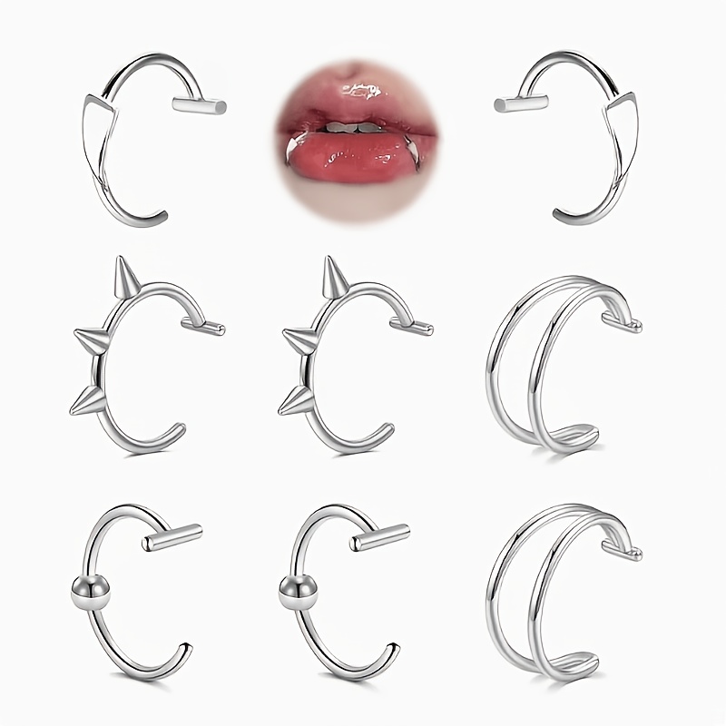 TEMU Lot de 4 paires de bijoux de lèvres fantaisie perçage : anneaux de lèvres à clip, anneaux de de fantaisie, anneaux de lèvres à double anneau de