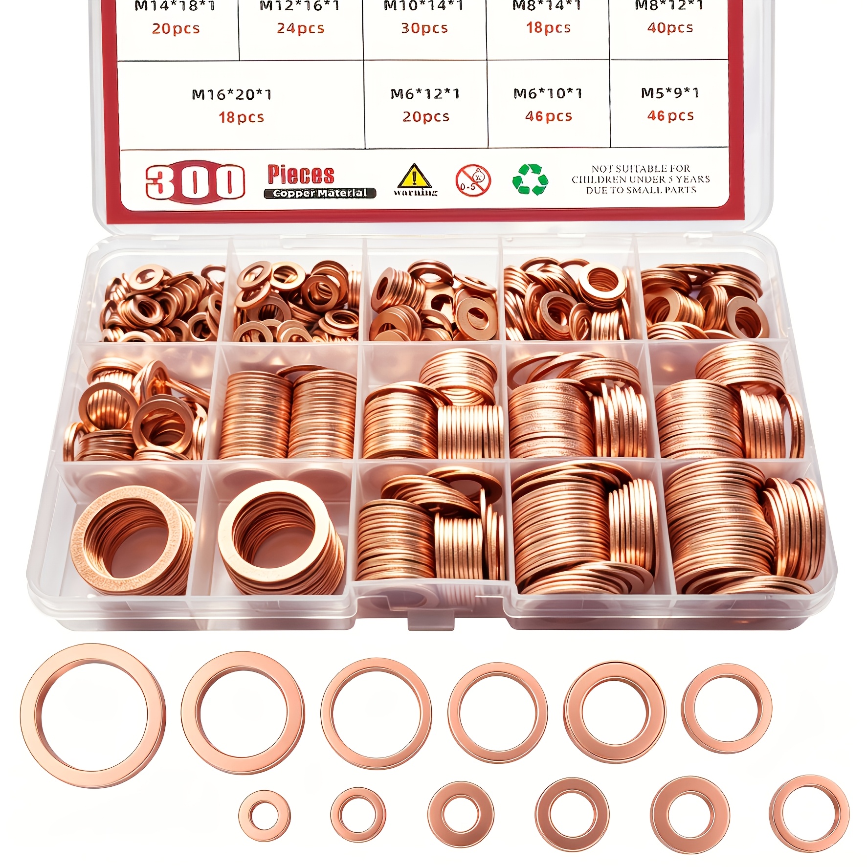 TEMU Kit di Assortimento di Rondelle in Rame da 300 pezzi, Rondelle Piatte in Rame - 12 Misure