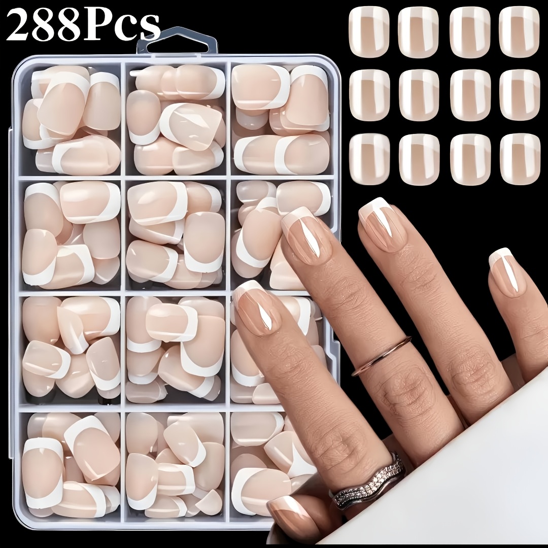 press on square short false nails white french pointed design glossy full coverage false nails daily   essential removable reusable false nails 288pcs