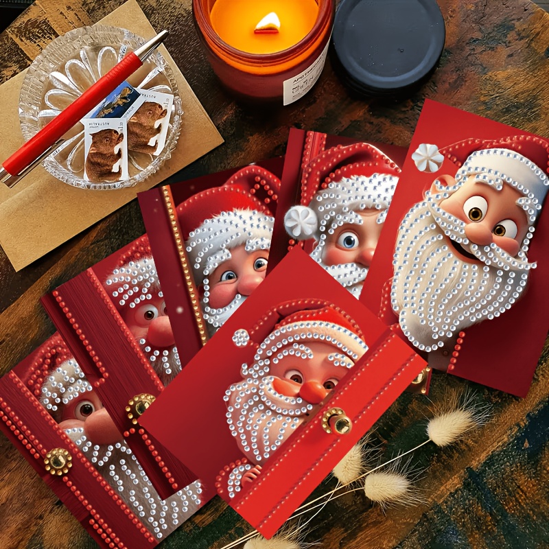 TEMU Hot New 6pcs 2d Flat Diamond Painting Greeting Cards - Santa Series Greeting Cards, Design. Round Rhinestone Irregular Diamond Painting Card