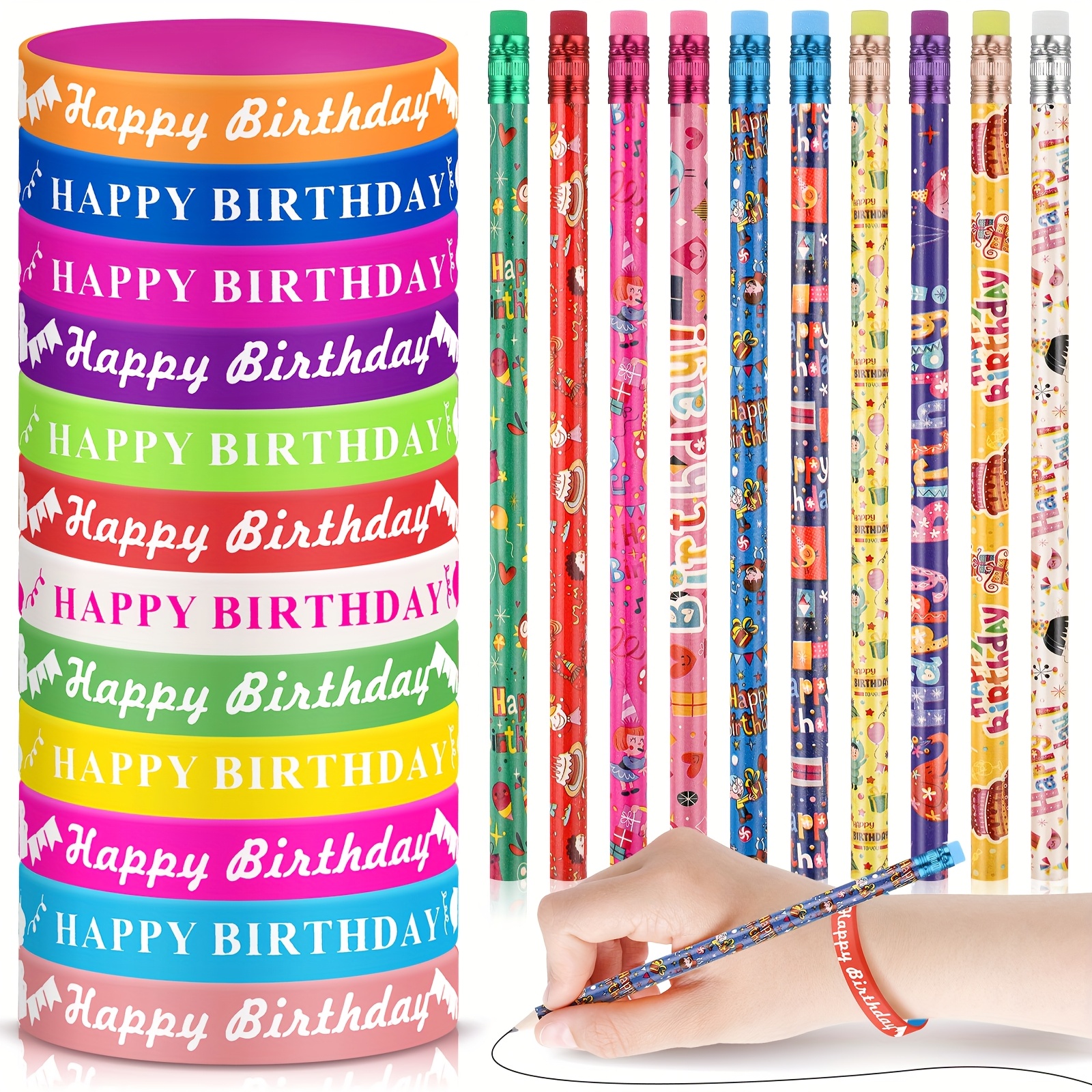 TEMU 48pcs Happy Birthday Pencils Bracelets Set Birthday Party Favors Pencils Wristbands Bracelet For Students Teachers Classroom Reward Gifts()