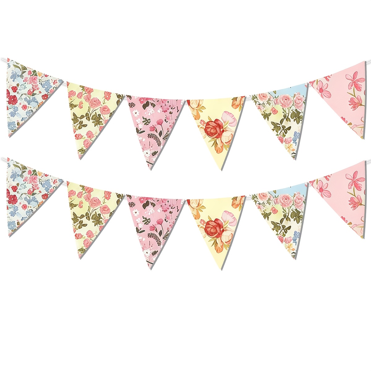 TEMU 2 Set Vintage Floral Triangle Paper Bunting Banner, Retro Assorted Rose Flower Printed Pennant Flags, Pastel Tone Hanging Garland For Spring