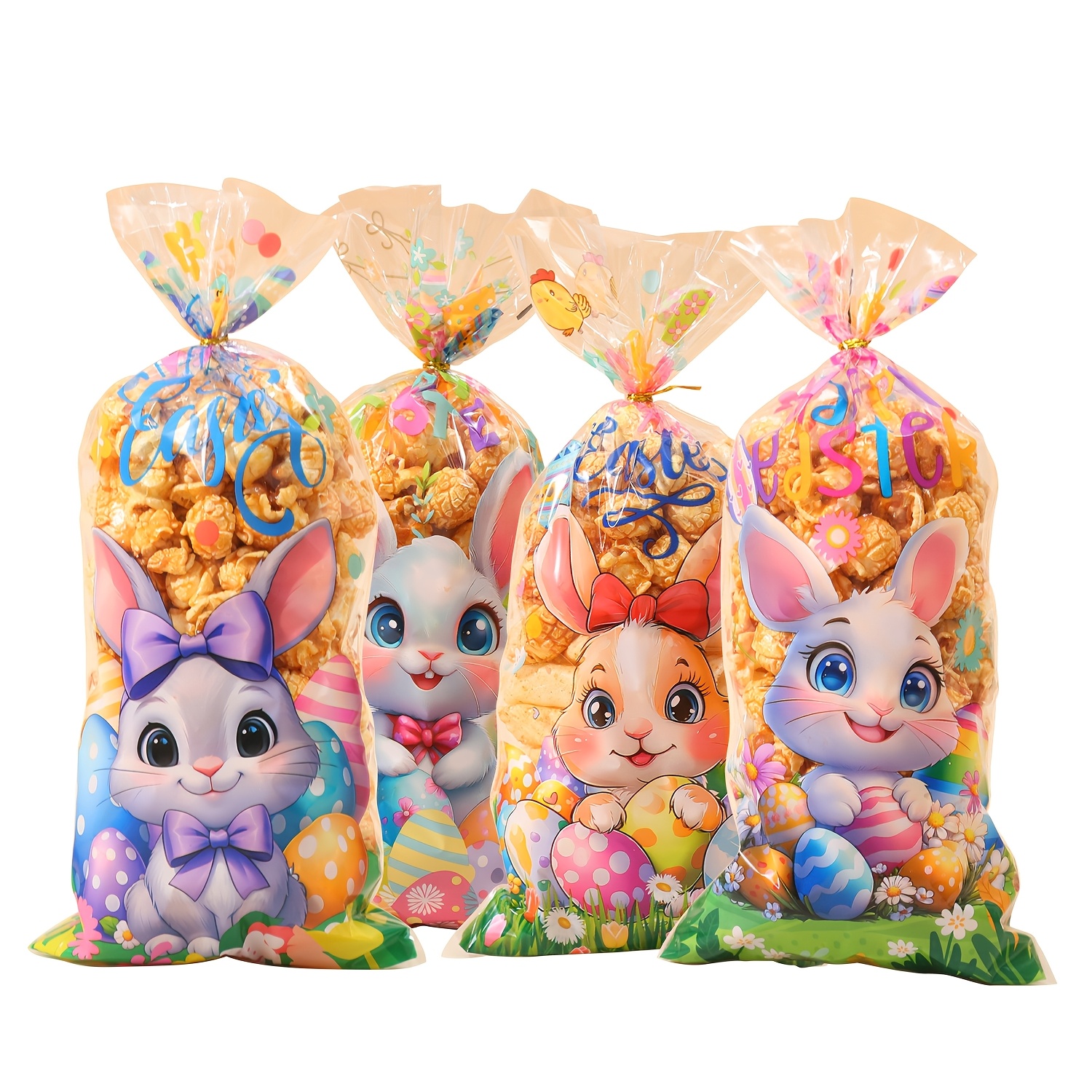 

50pcs Vibrant Easter Bags With & Egg Designs - Plastic Gift Pouches With Golden Twist Ties, Transparent "" Bags For Easter Party Favors, Gift Bags