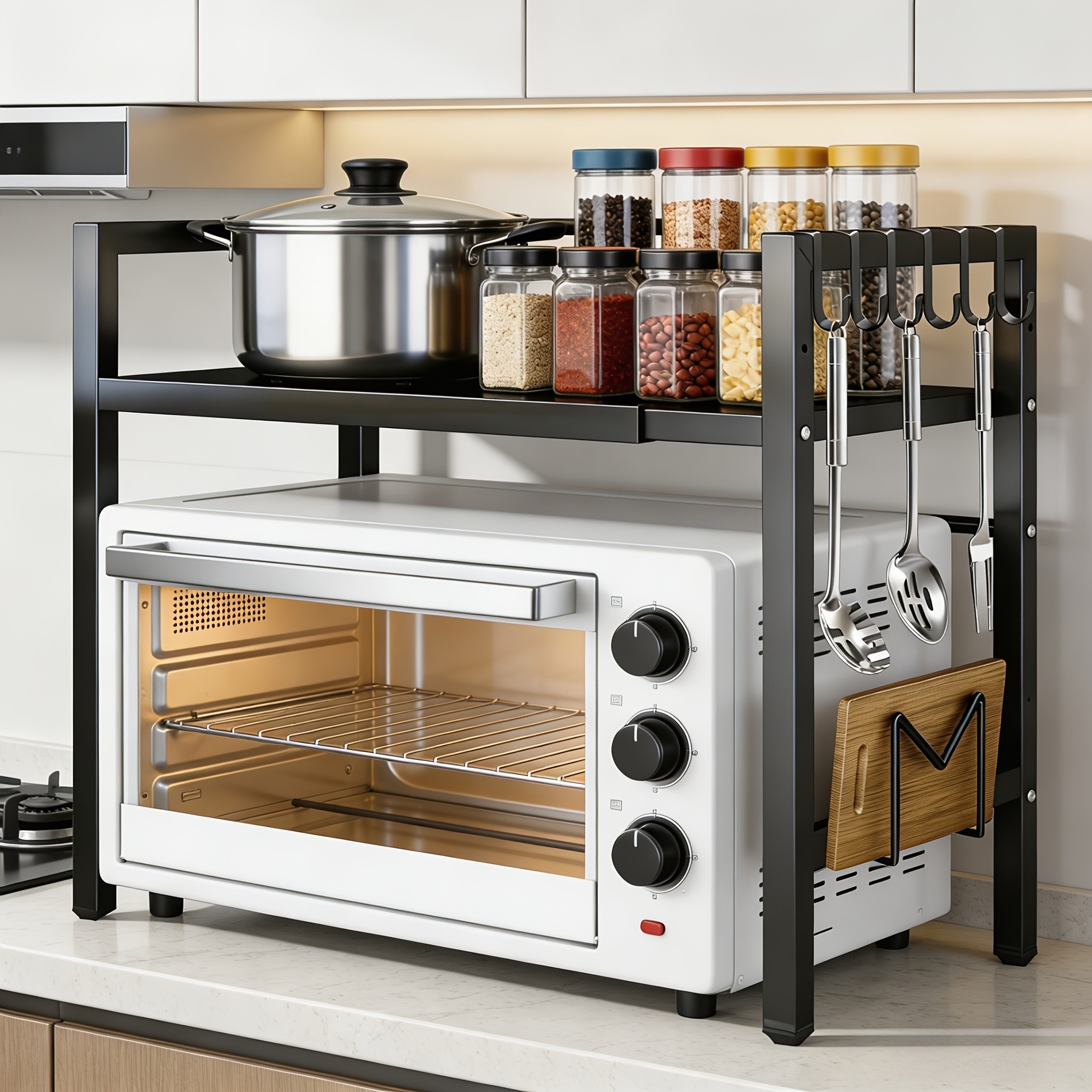 Image of Metal 2/3-tier Microwave Oven Rack, Adjustable Kitchen Countertop Storage Shelf With Utensil Hooks And Cutting Board Holder, Heavy Duty Counter Organizer For Air Fryer Toaster Pot