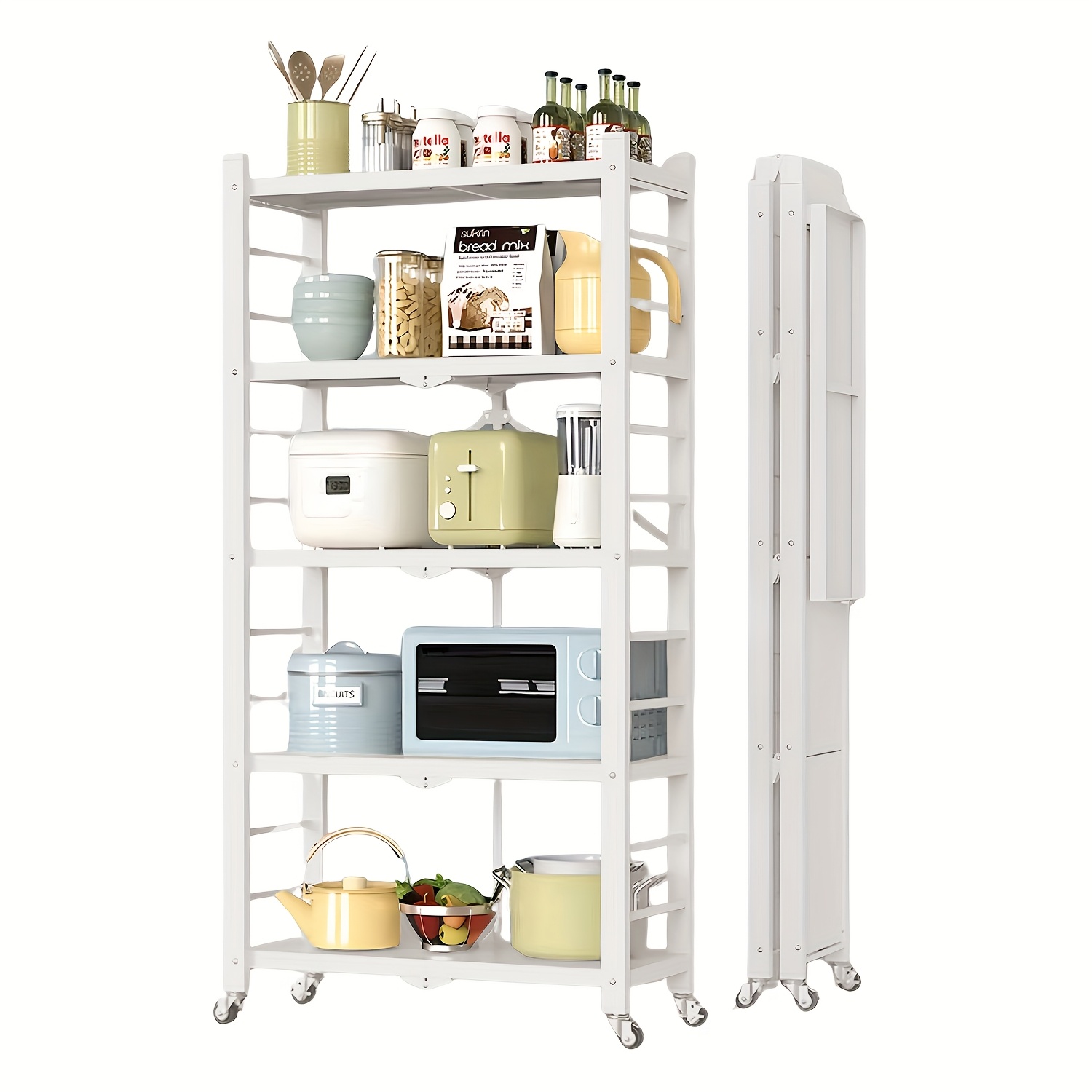A 5-tier Kitchen Rack In Golden Color, Foldable, Lightweight With Wheels For , No Installation Required, Space-, Used As A Kitchen Storage Rack And Tableware Storage Rack ( In Black And White).