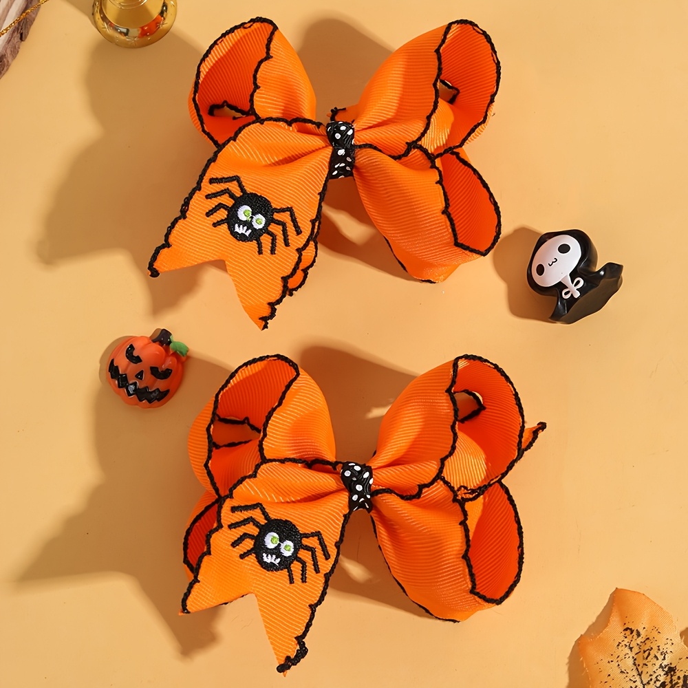 TEMU 2pcs For Halloween Bow Hair Clips For Women Mini Embroidered Pumpkin And Bow Hair Barrettes Hair Additions For Halloween Party, Cosplay Gifts