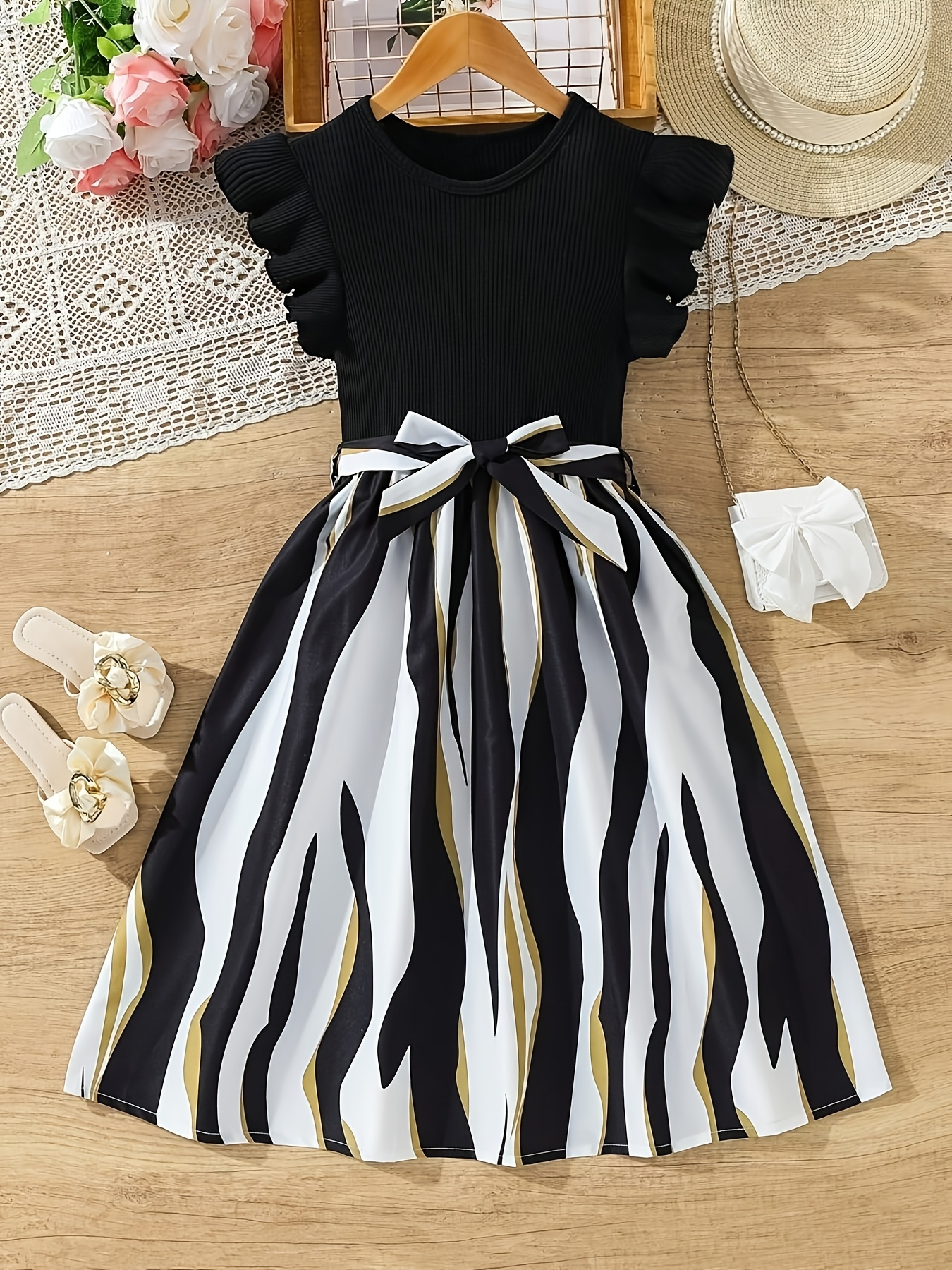 round neck ribbed frill sleeve print dress with belt decoration for older black 0