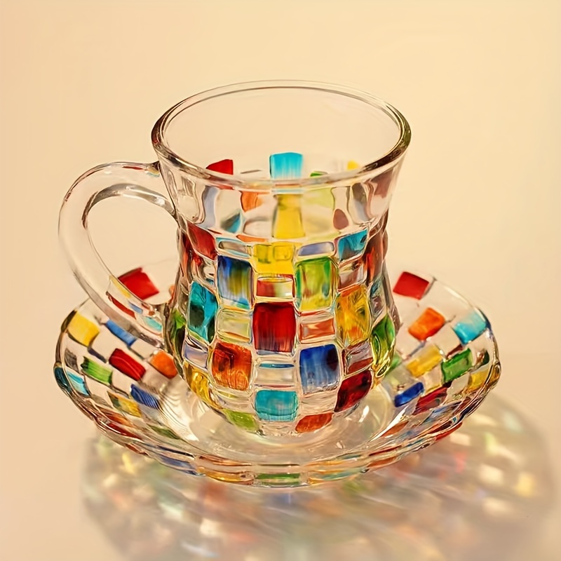 

1 Ensemble, Tasse à Café et Soucoupe à Grille de Couleurs Peintes à , Tasse à Café de Maison, Style Européen - Choix Idéal pour