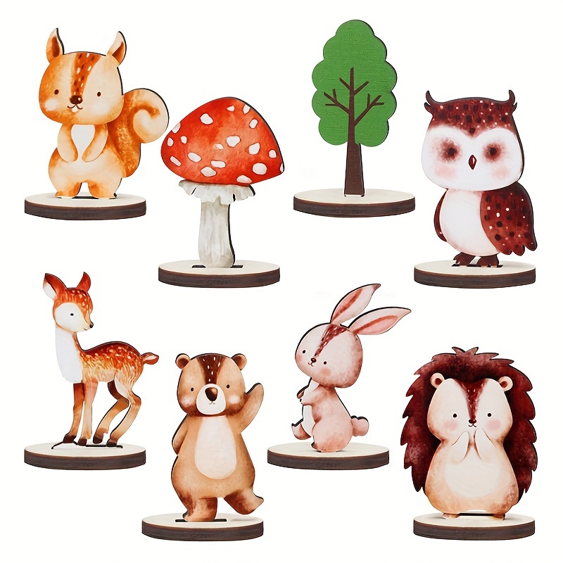 

8 Pcs Woodland Animal Figures Set, Manufactured Wood Cartoon Forest Critters, Tabletop Decorative Signs & Plaques, Multipurpose Home Decor, Pastoral Style Miniature Animal Ornaments
