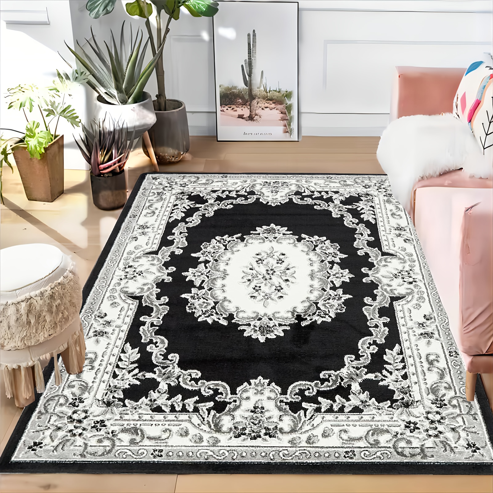 

Chic Black & White Persian-inspired Area Rug - Machine Washable, Non-slip, Living Room, Bedroom, And Home Decor