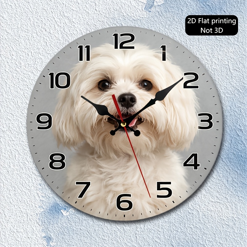 TEMU 1pc,2d Flat Wall Clock,white Maltese Dog Portrait, Suitable For Living Room, Bedroom, Office, Kitchen, Study Room Decoration, 2d Flat