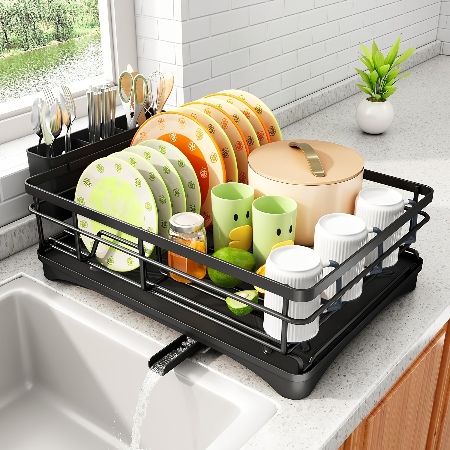 

Stainless Steel Kitchen Dish Drying Rack, Countertop Recessed Shelf, Collapsible Large-capacity Drainer With Utensil Holder, No Required, For Tableware Storage