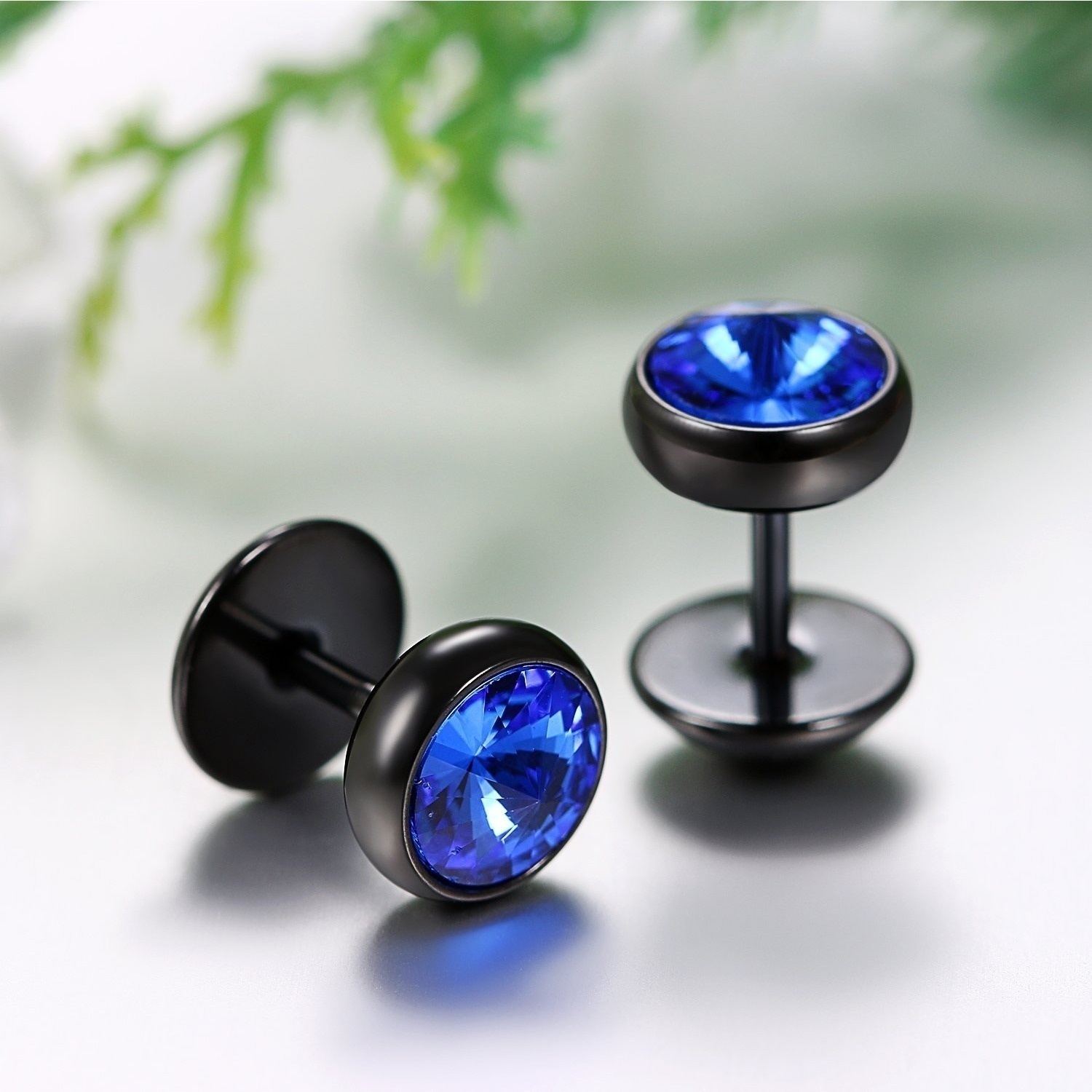  men s 8mm stainless steel black taper   stud earrings - faux   ear plugs with blue center,   fit, 30-  & gift bag - ideal for daily wear, christmas gifts, sensitive ears (no piercing required), cute earrings studs, simple elegant minimalist earrings for women, black and white earrings for women, hoops earrings for women, fashion earrings, holi  gifts, classic studs, durable studs, nonpiercing jewelry 0