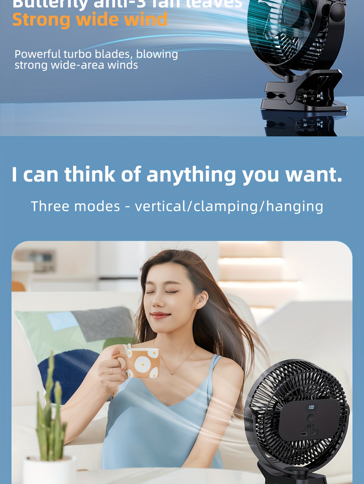 8-inch USB Charging Clip Fan Suitable for Bedroom, Dormitory, Bedside, Office, Desktop, Camping, Travel, Fishing, Can Be Clipped, Hung, Detachable, Washable, Digital Display with Five Levels of Wind Power, 10000mAh Battery with Power Bank Function