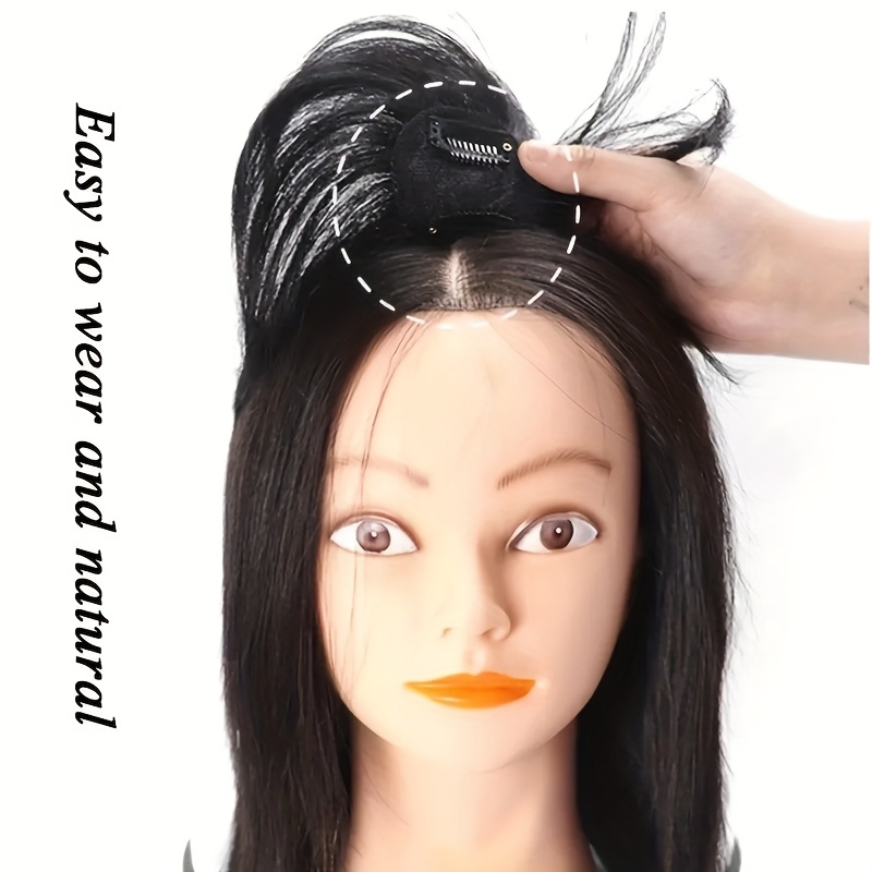 elegant 8 inch clip in hair topper with bangs for women natural looking straight synthetic hair extensions to cover thinning gray hair comfortable undetectable details 5