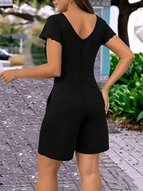 summer loose crew neck short sleeve pocket solid color jumpsuit for vacation holiday wear