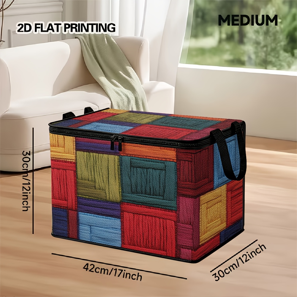 TEMU 1 pièce Panier de rangement rectangulaire moderne avec couvercle à ouverture rabattable - Impression carrés de laine colorés - Convient pour