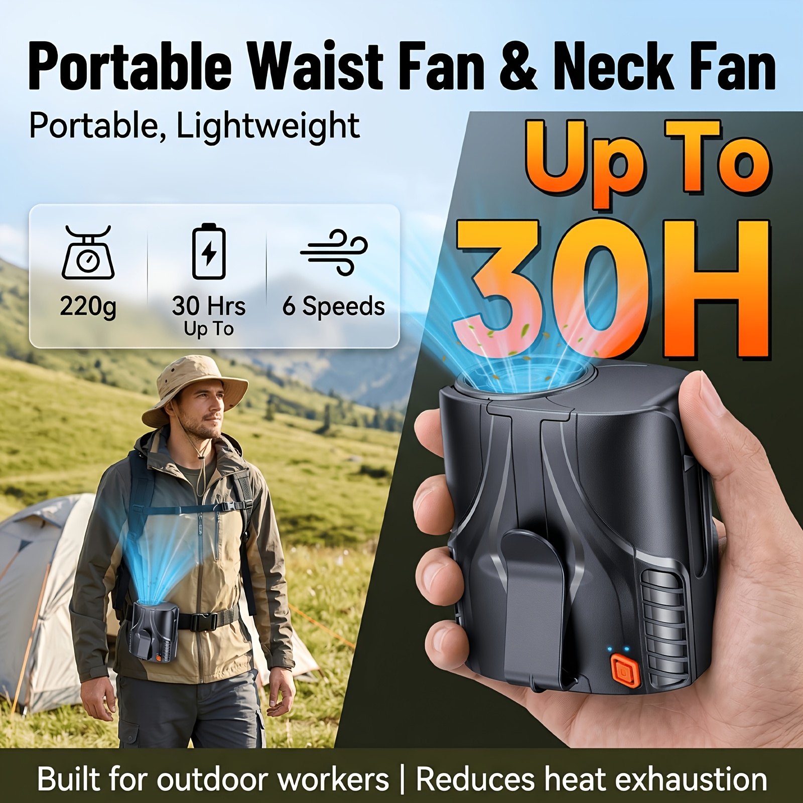 Portable Fan Personal Fan Clip On Fan Clip Fan, 16000rpm Waist Fan Neck Fan, 40h Rechargeable, 6-speed , Body Cooling For Camping/worksites/outdoor