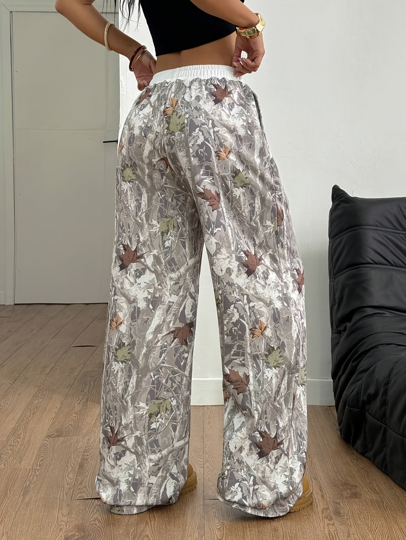 Women's Elegant White Straight-Leg Winter Pants with Branch & Leaf print - Belted Waist, Side Pockets, Machine-Washable Trousers for Fall/Winter Daily Wear, Office & Casual Outfits