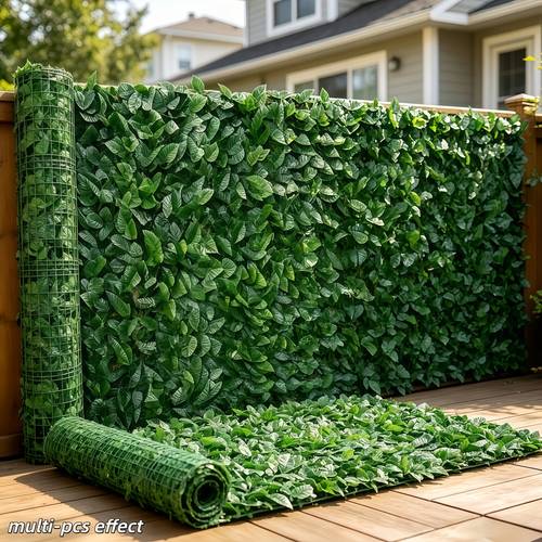 4pcs Set Total Length 80.31inch Artificial Green Plant Leaf Fence, Weather-Resistant Plastic Material, Outdoor Privacy Decorative Wall Blocks, Realistic Non-Fading Leaves, Maintenance-Free Decoration , Suitable for