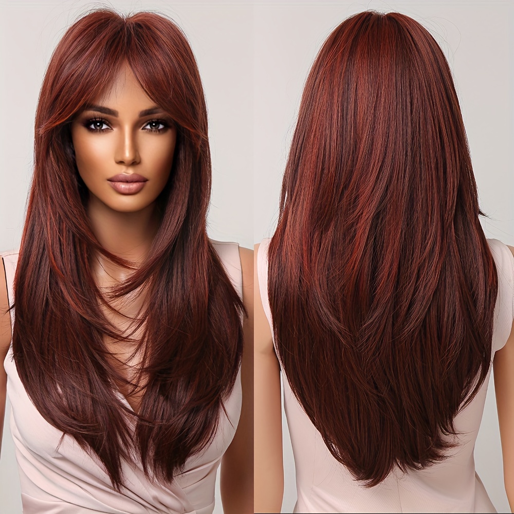 

22 Inch Wig Headpieces Bangs Women's Reddish Brown Long Straight Hair Matte High Temperature Silk Rose Mesh Cap