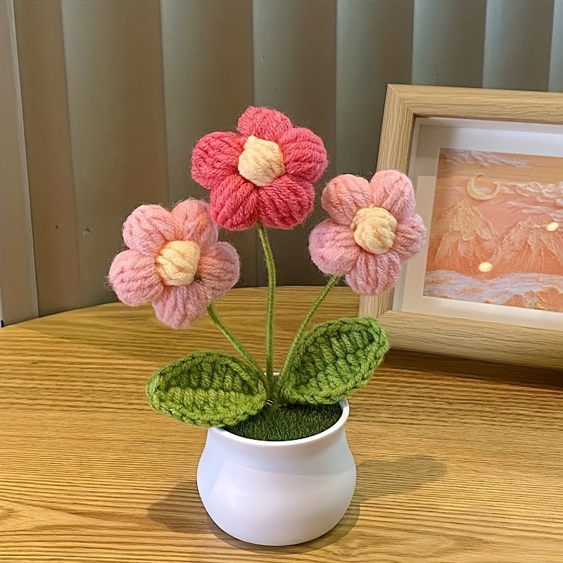 Image of 1pc Hand-knitted Flower Pot With Artificial , Knitted Puff Flower, Home Decoration, Ornament, Birthday Or Graduation Gift