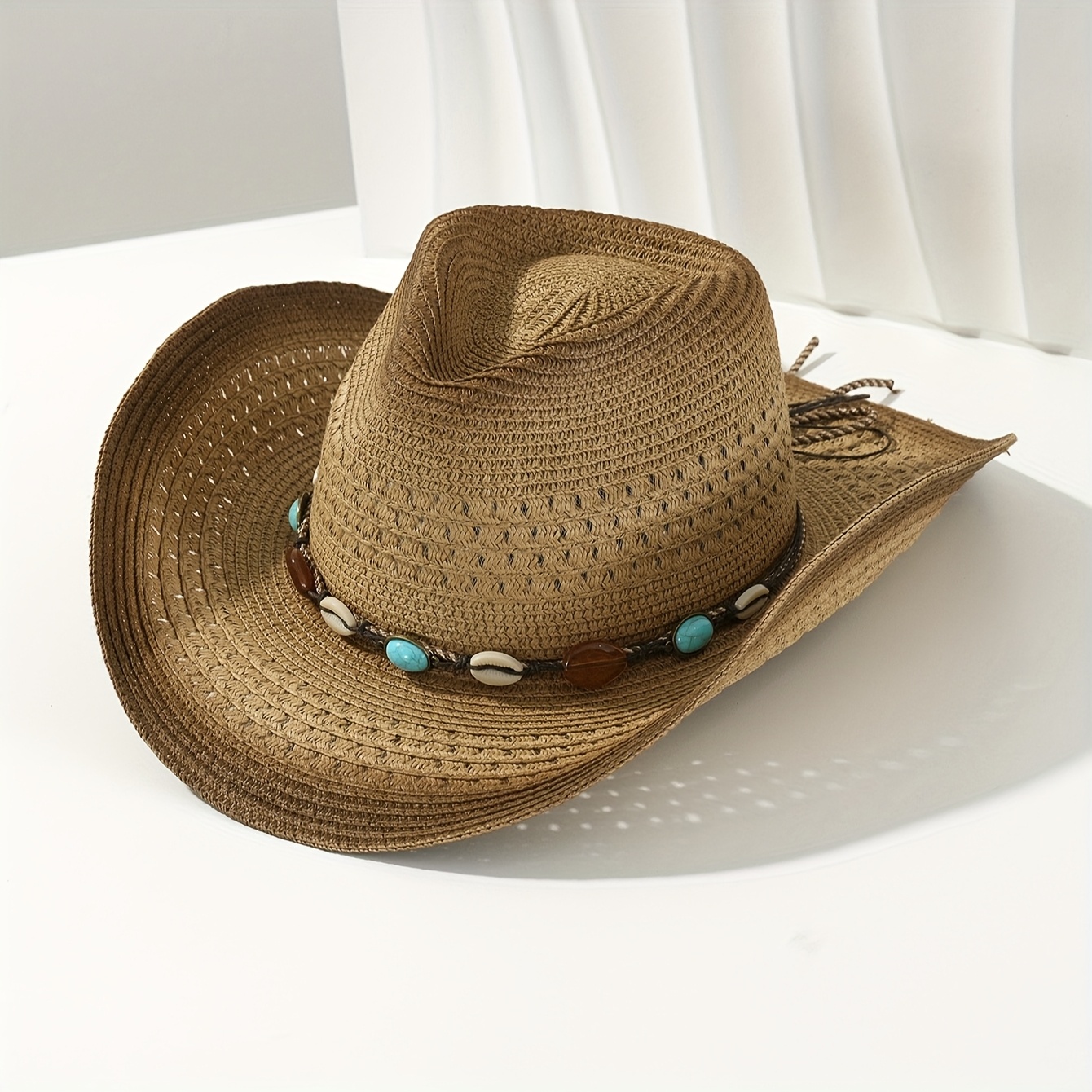 Image of 1pc Unisex Brown Hollow Out Straw Sun Hat Turquoise Shell Shaped Decor Cowboy Hat - Perfect For Outdoor Leisure And Beach Vacation Halloween