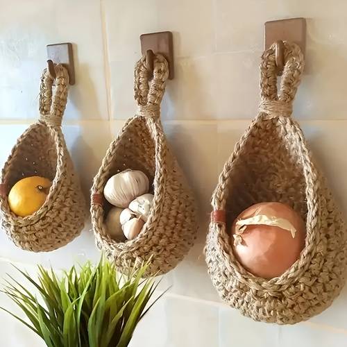 3pcs bohemian wall mounted baskets small and cute kitchen fruit and vegetable storage baskets for garlic and onions home and restaurant decor shelf baskets
