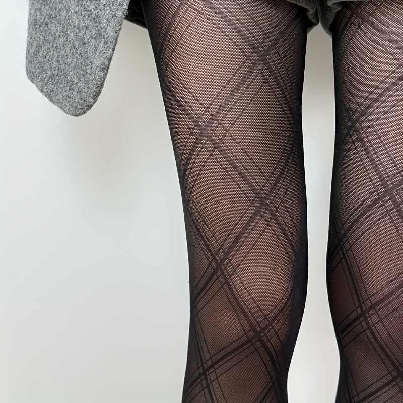 Image of 1 Pair Rhombus Pattern Sheer Tights For Women, Thin Autumn Sexy Black Checkered Lattice Pantyhose