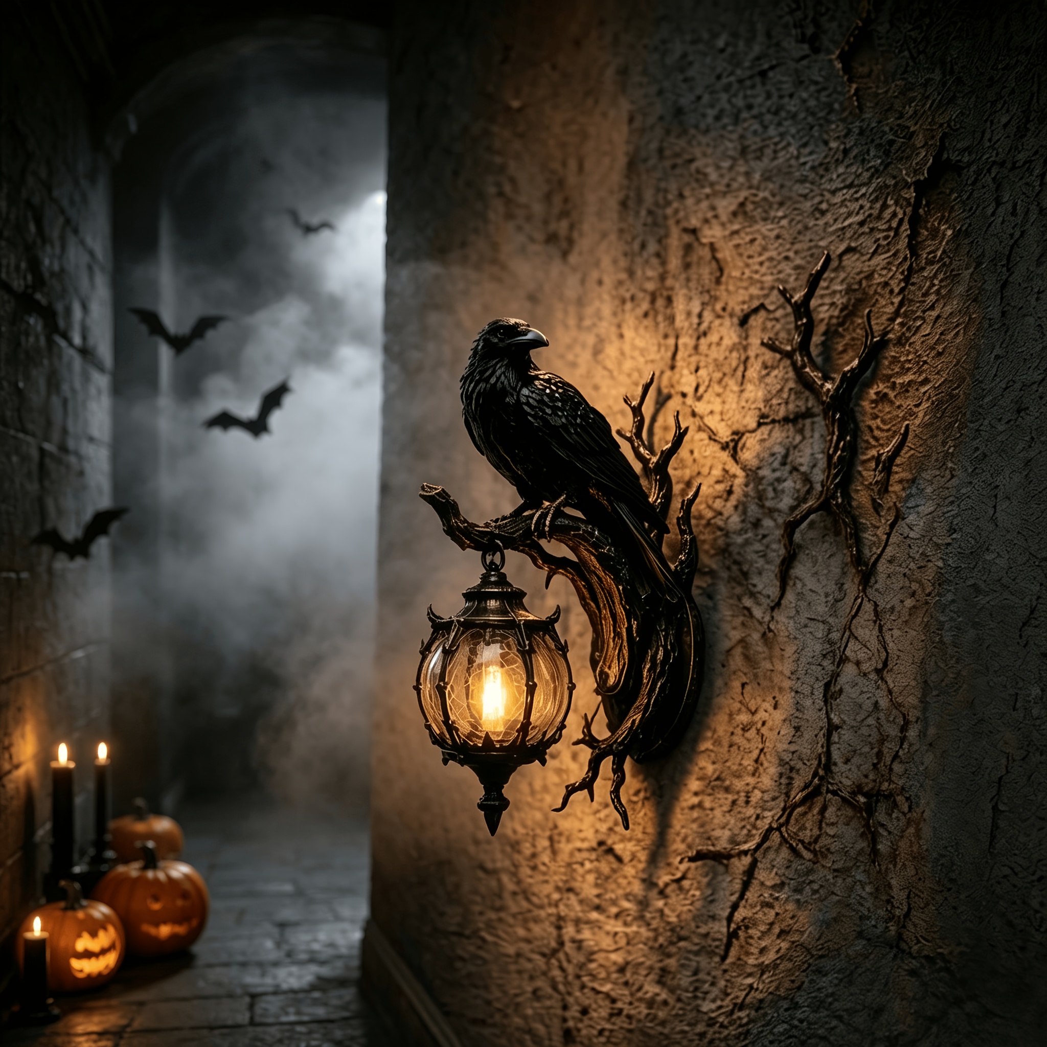 TEMU 3d Retro Crow Branch Wall Lamp Gothic Style Branch Wall Lamp Soft Light Glass Lantern Unique Classic Halloween Decoration, Suitable For