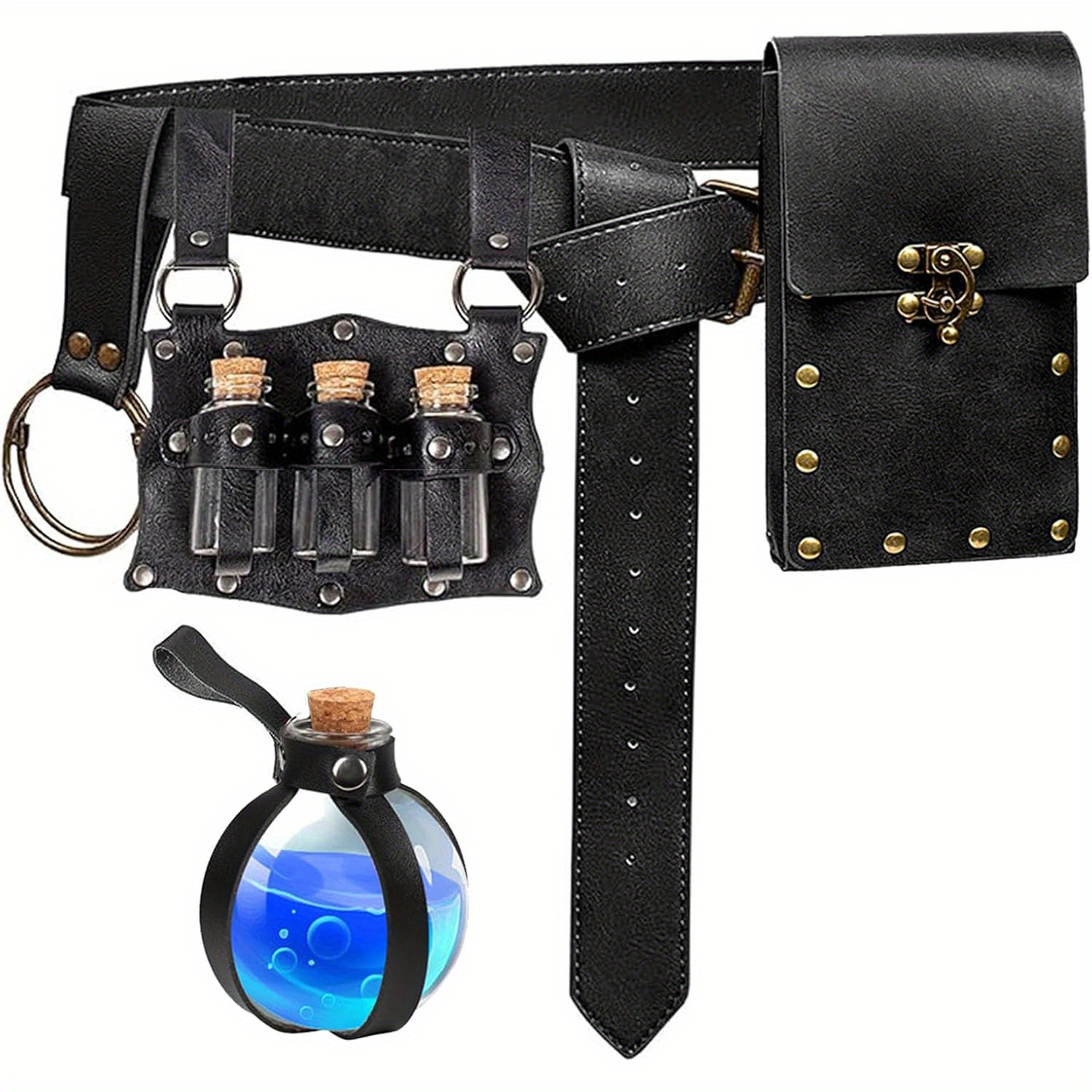 TEMU 5pcs Renaissance Accessories Belt Pouch Waist Bag Belt Keyring Hook Wizard Potion Bottles Vials For Festival Cosplay Halloween Costume