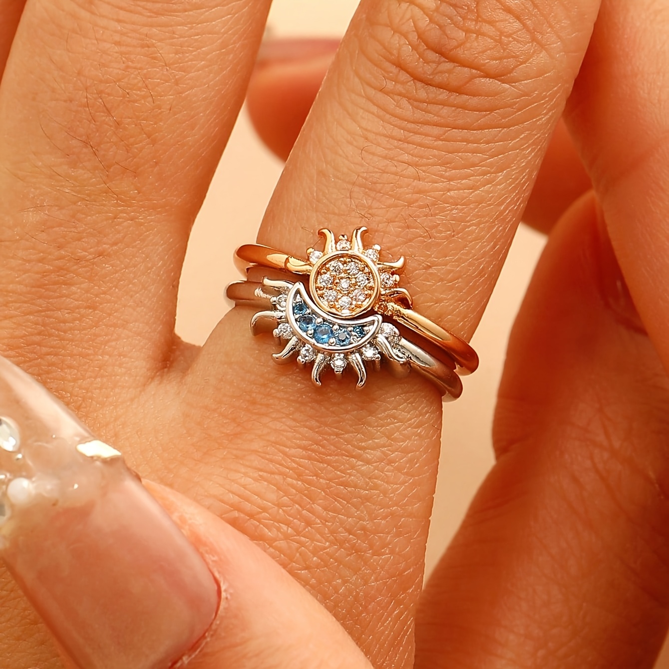 TEMU A Pair Of Adjustable Open Rings Featuring And Moon Design With Artificial Zirconia, Perfect For Couples. Stylish And Elegant Additions For