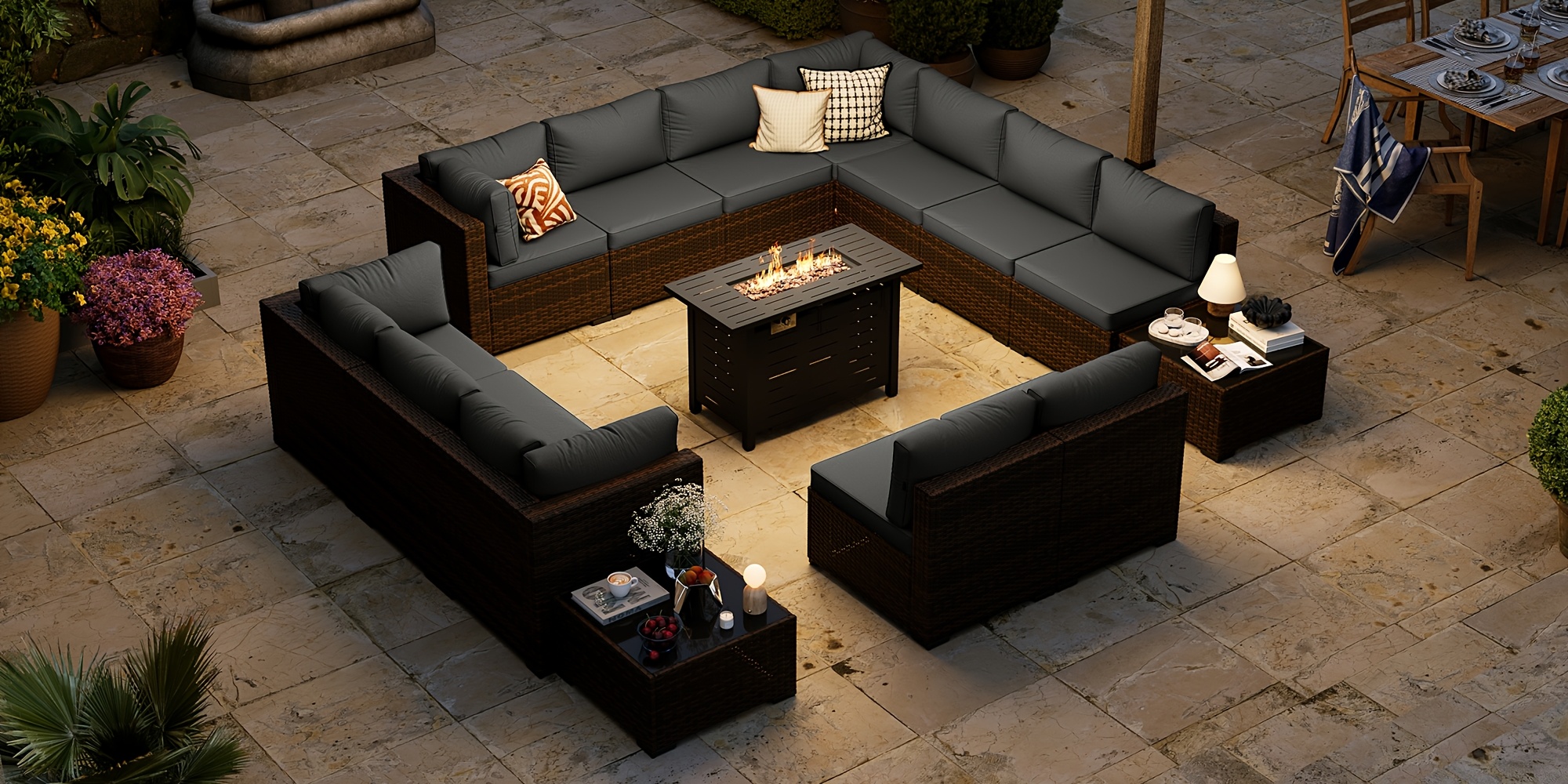 15pcs outdoor patio furniture set with   fire pit table wicker rattan sectional sofa with thick cushions coffee table waterproof cover beige cushions Product details 1