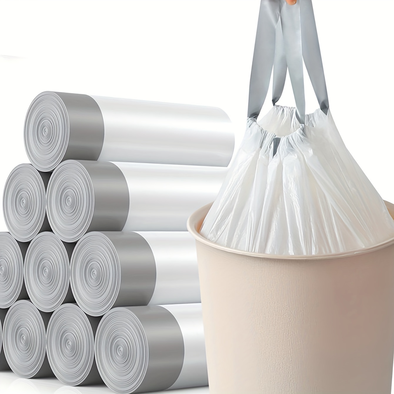 

75pcs/5 Rolls Extra Drawstring Trash Bags, White Tote Liners For Kitchen, Bathroom, Office - Easy Carry, Home And Restaurant Use