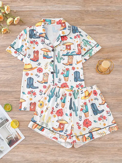 2pcs denim style printed womens sleepwear set turquoise short sleeved button up shirt and elastic waisted shorts casual and comfortable sleepwear and machine washable