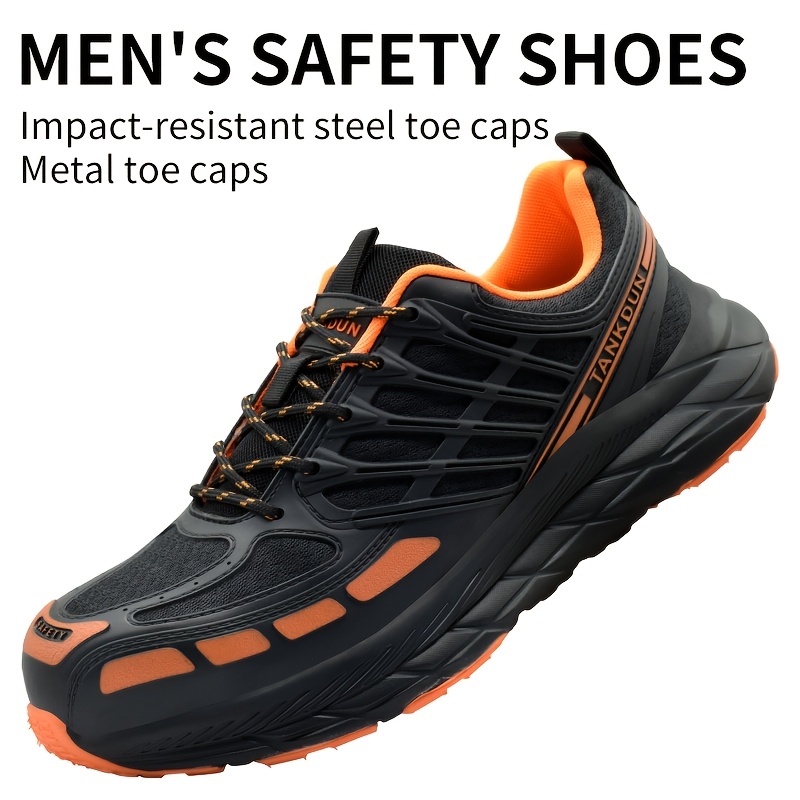 Men'S Work Shoes, Comfortable And Breathable Lace-up Sports Shoes, With Golden Anti-collision Toe, Anti-collision And Anti-puncture, Non-slip Sole, Durable Fabric Upper/lining/insole, Suitable For Construction, Industry, Warehousing Work
