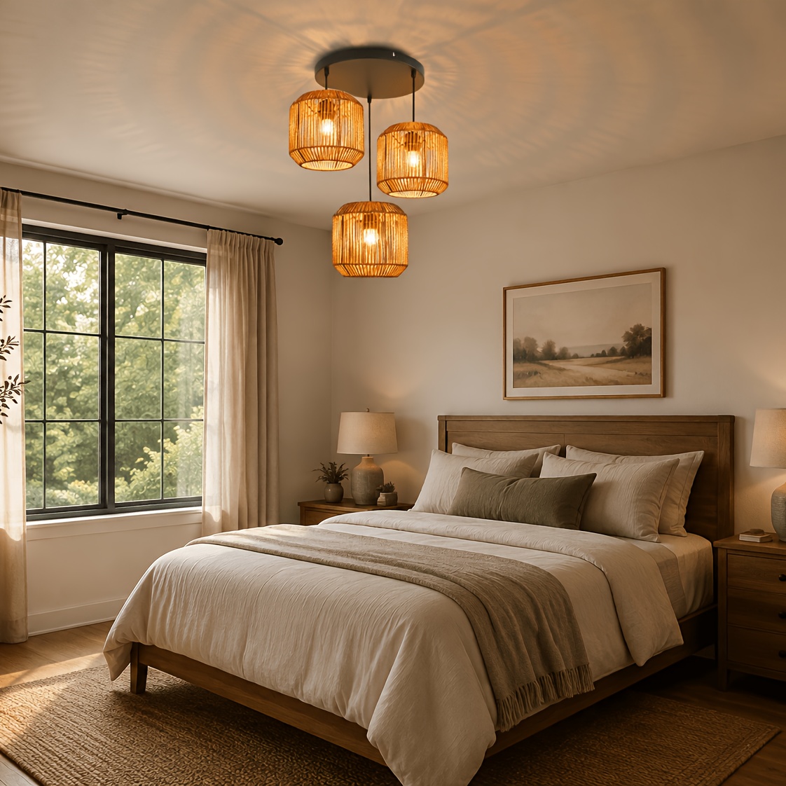 Image of Bohemian Ceiling Light, Adjustable Rattan Pendant Height | Dining Room Ceiling Light, Vintage Design Table Lamp, Bedroom And Living Room ( Not Included)