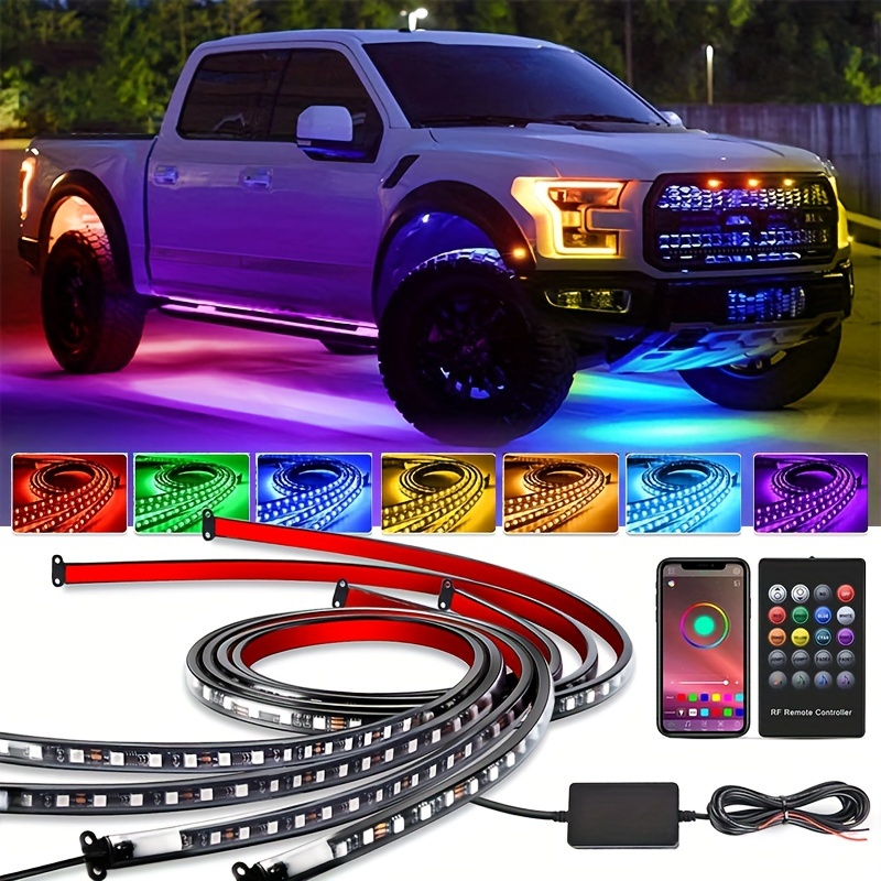 TEMU 4pcs Led Rgb Car Underglow Strip Light Kit Neon Tube Lamps, 256 Leds Rgb Multi Color Diy Sound Active With App Control And Remote Control For Car Van Suv Truck, Without Battery