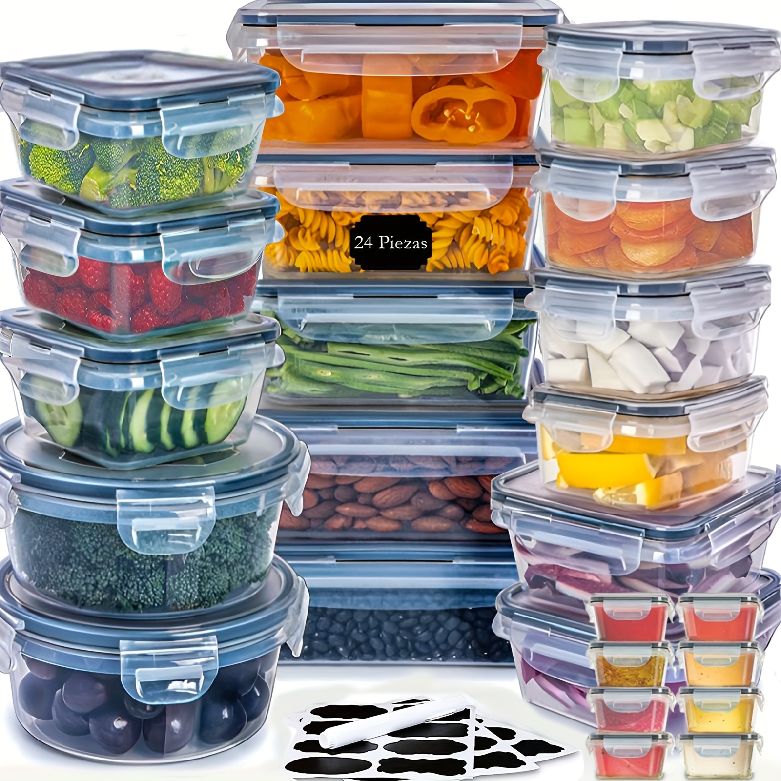TEMU 24pcs Food Storage Container Set With Lids - Includes Sauce Cups, Labels & Marker, Bpa-free, Microwave & Dishwasher Safe, Leak-proof, Stackable Plastic Containers For Kitchen